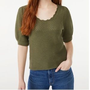 Free Assembly olive green crochet puff sleeve sweater top
